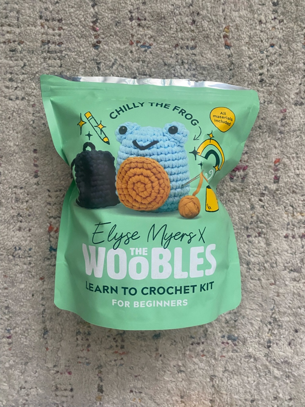 The Woobles x Elyse Myers Chilly the frog learn to Crochet kit